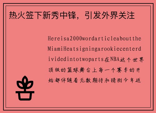 热火签下新秀中锋，引发外界关注